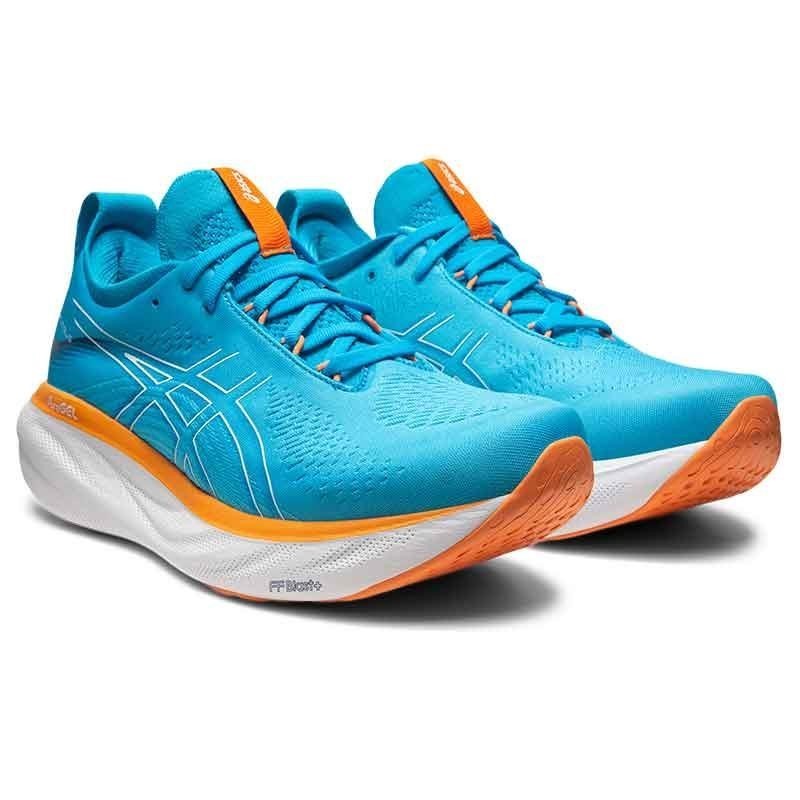 Imagen de las zapatillas de running Asics Nimbus 25 de color azul y naranja. 