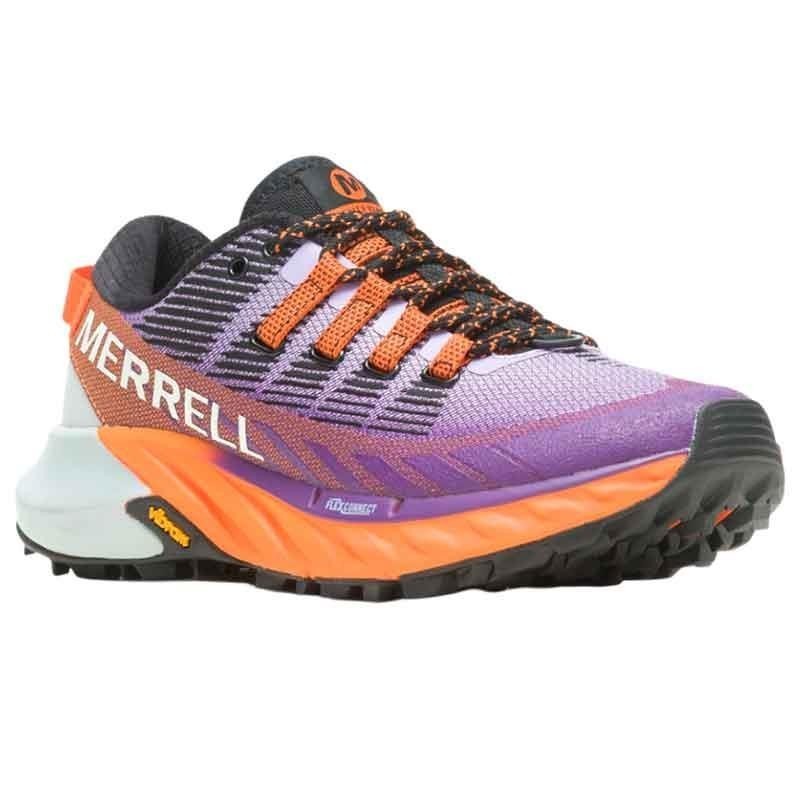 Imagen de la zapatilla de trail running MERRELL AGILITY PEAK 4 MUJER de color morado y naranja. 

