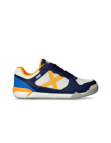 Zapatillas Fútbol Sala Munich One Kid  blancas y azules exterior