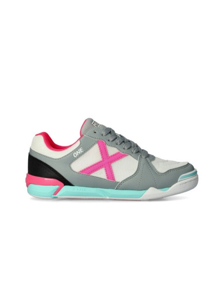 Zapatillas Fútbol Sala Munich One Kid blancas grises y rosas exterior