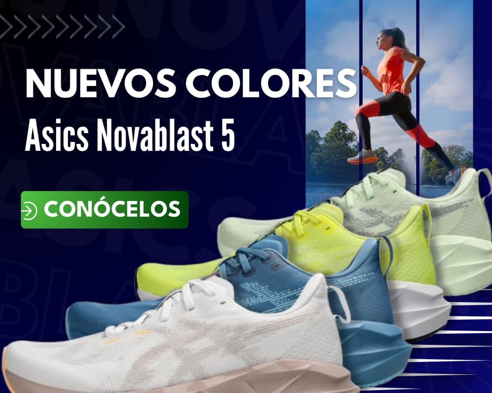 Imagen inicial de 4 zapatillas Asics Novablast 5 mirando hacia la izquierda, están visibles sus nuevos colores disponibles para hombre y mujer.