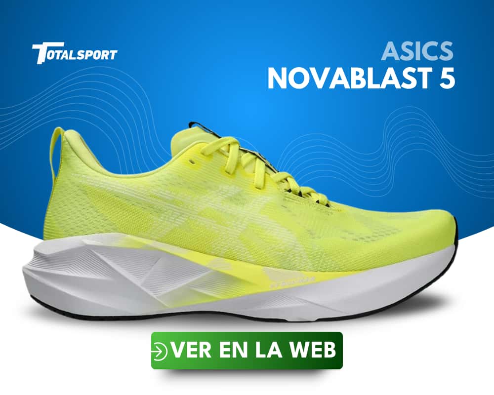 Lateral de la zapatilla Asics Novablast 5 para hombre, color Citron/White disponible en la web.