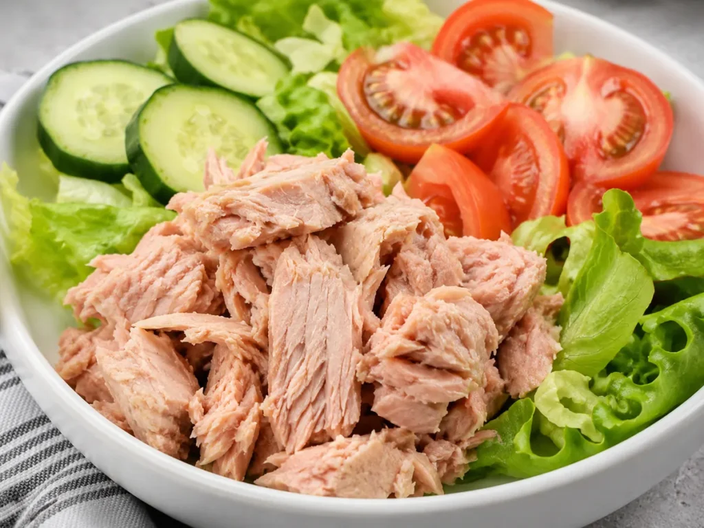 Ensalada de atún al natural con lechuga, tomate y pepino, fuente de proteína con pocas calorías.