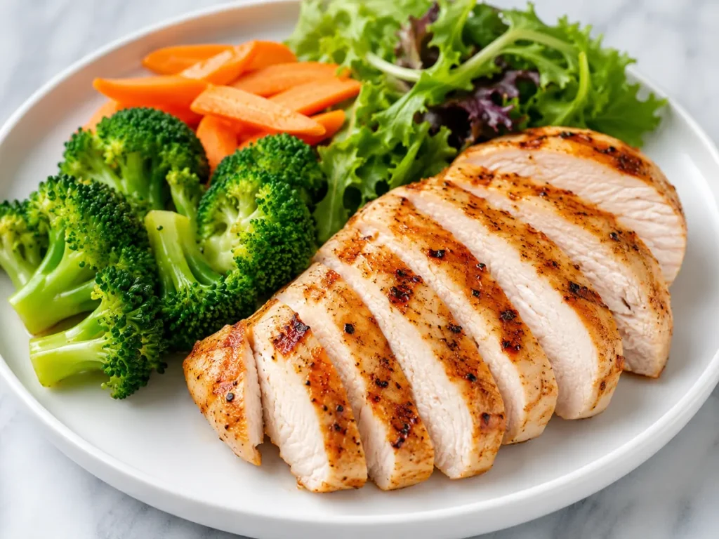 Pechuga de pollo a la plancha con brócoli, zanahoria y hojas verdes, alimento rico en proteína magra.