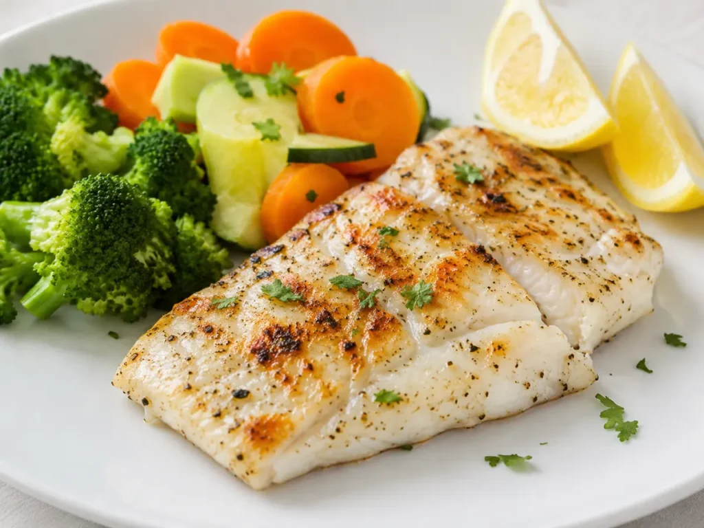 Merluza a la plancha con brócoli, zanahoria, calabacín y limón, rica en proteína y baja en calorías.