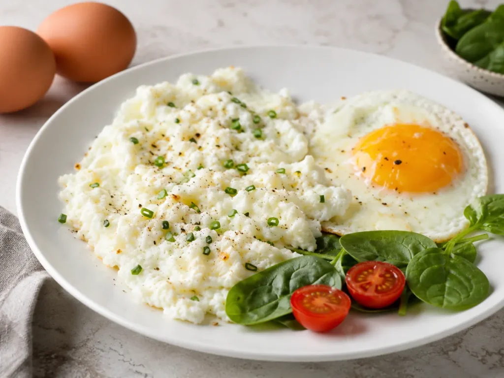 Revuelto de claras con huevo entero, espinacas y tomate, desayuno alto en proteína y bajo en calorías.